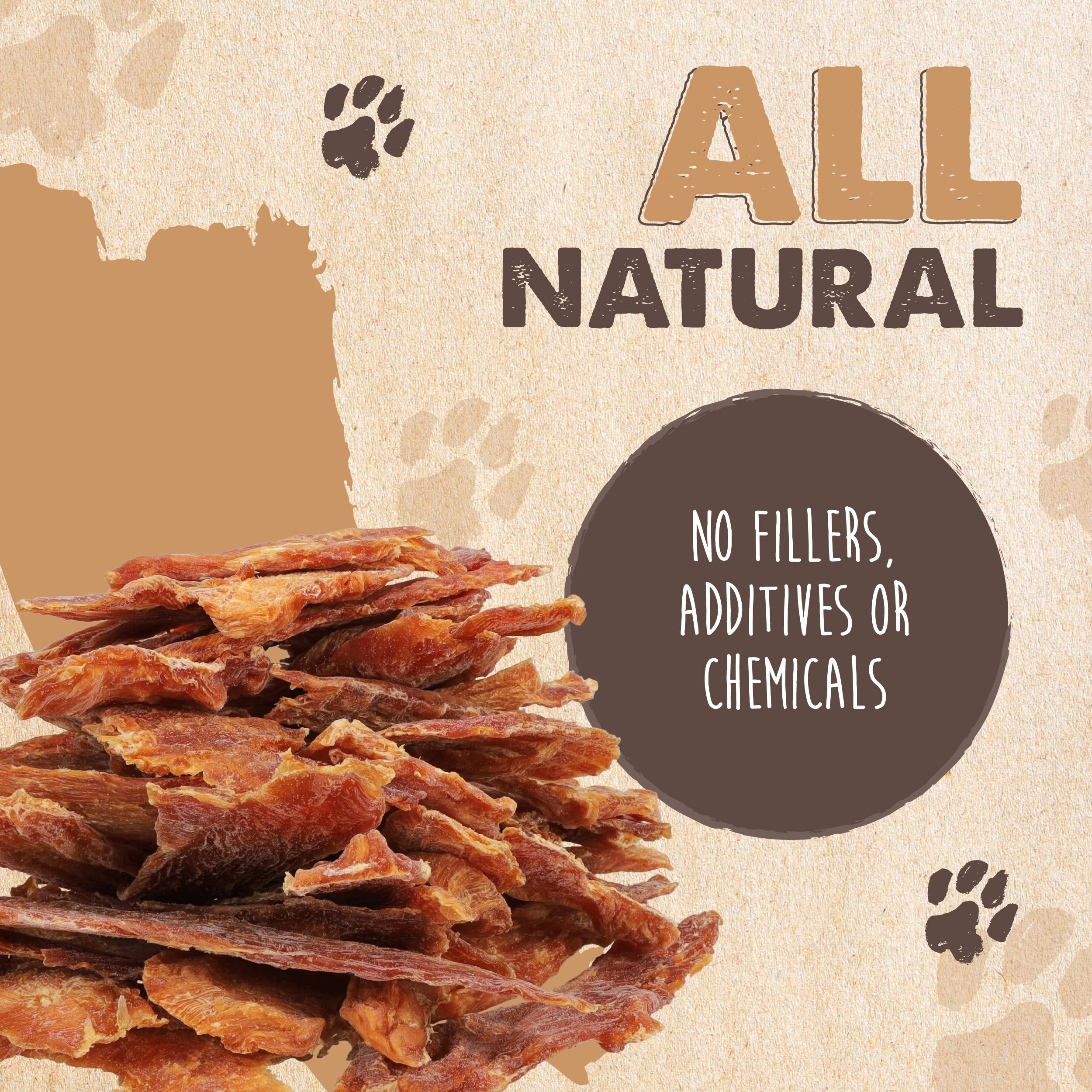 Mighty Paw Naturals Chicken Jerky back-label lists ingredients and USA packaging details.