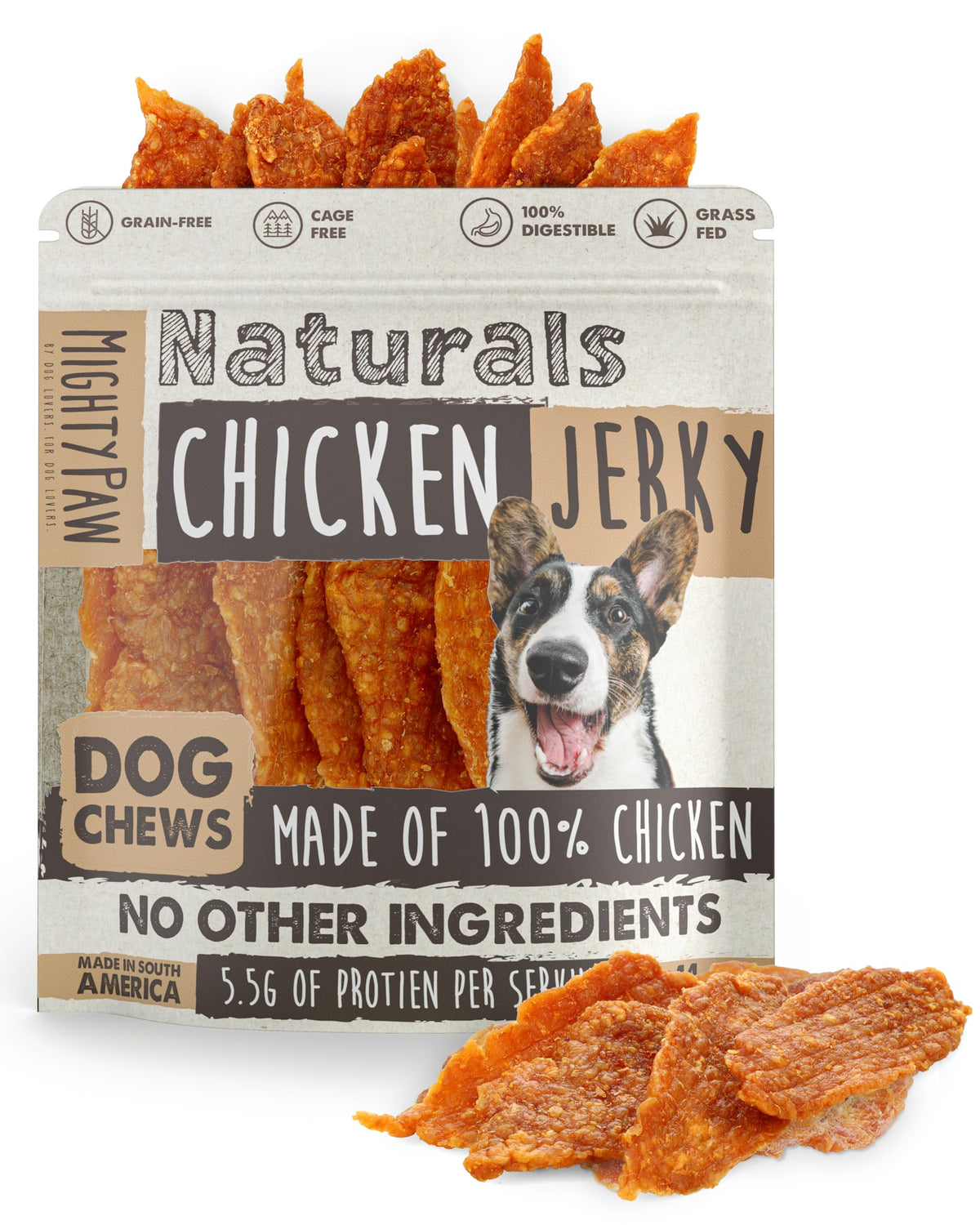 Mighty Paw Naturals Chicken Jerky packaging highlights 100% natural, single-ingredient dog treat.