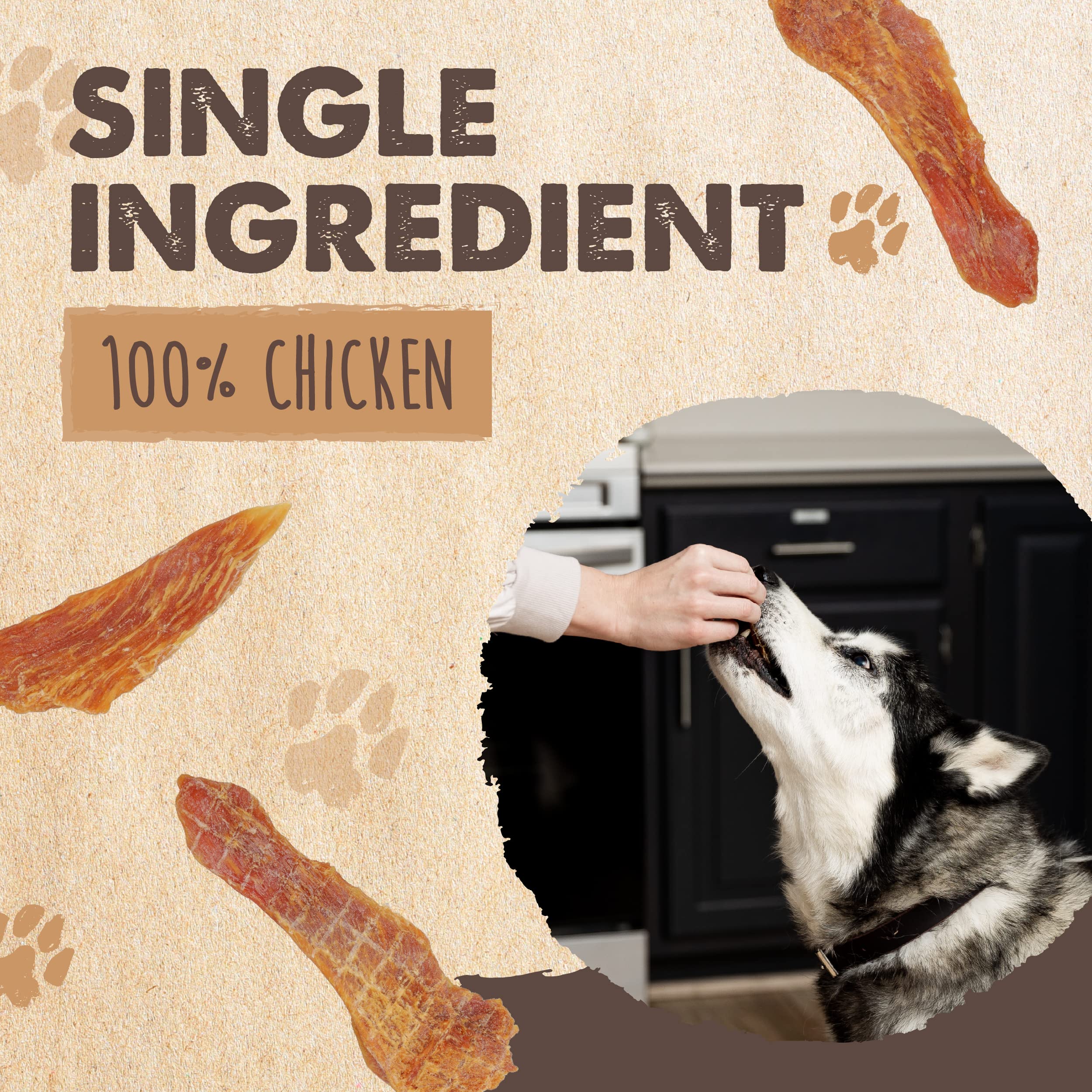 Mighty Paw Naturals Chicken Jerky single-ingredient emphasizes cage-free chicken source.