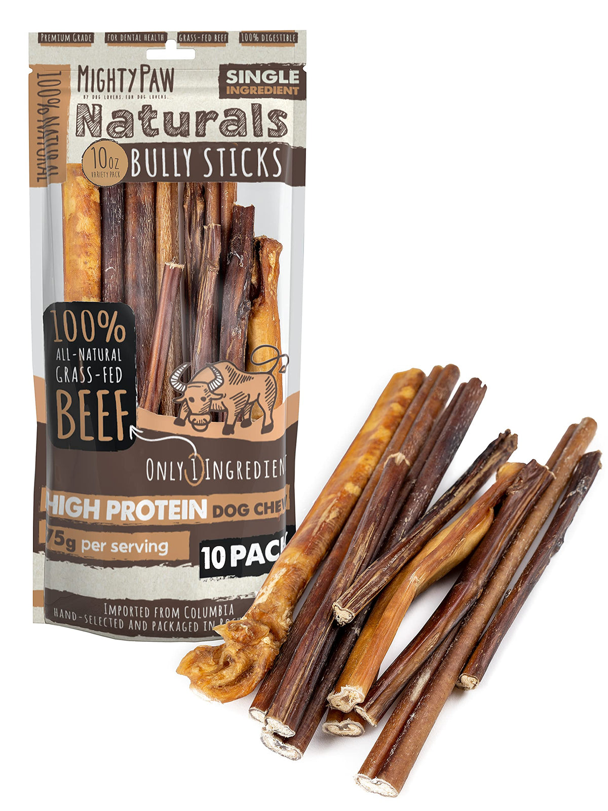 Mighty Paw Naturals Variety Pack Bully Sticks offers multi-size convenience for all breeds.