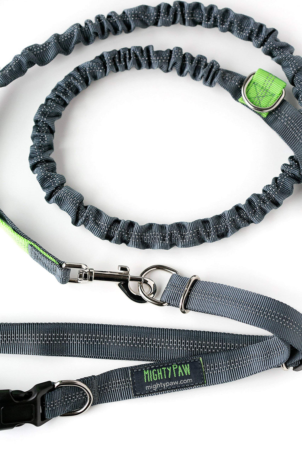 Mighty Paw reflective threading enhances visibility during low-light walks.