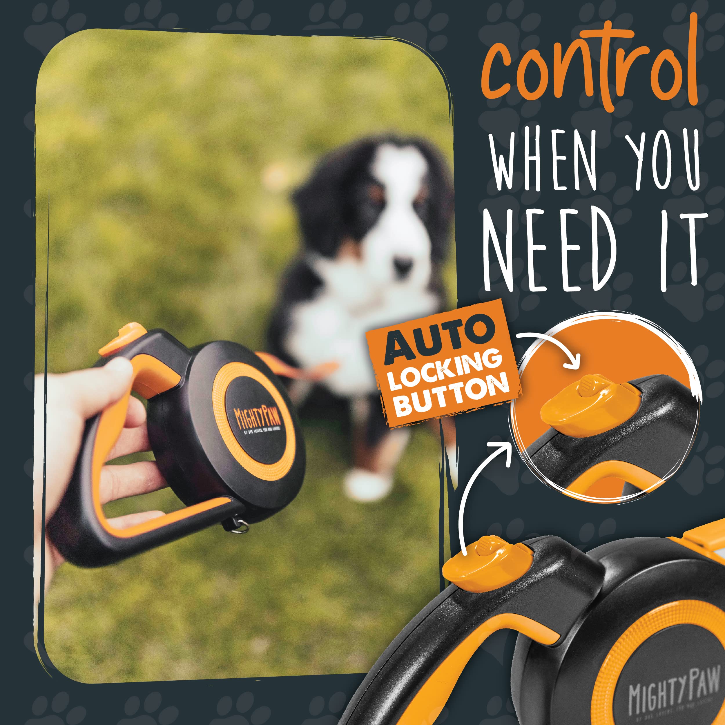 Mighty Paw Retractable Leash 2.0 locked braking system supports quick, reliable length control.