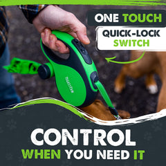 Mighty Paw retractable leash handle closeup highlights ergonomic grip and quick-lock feature