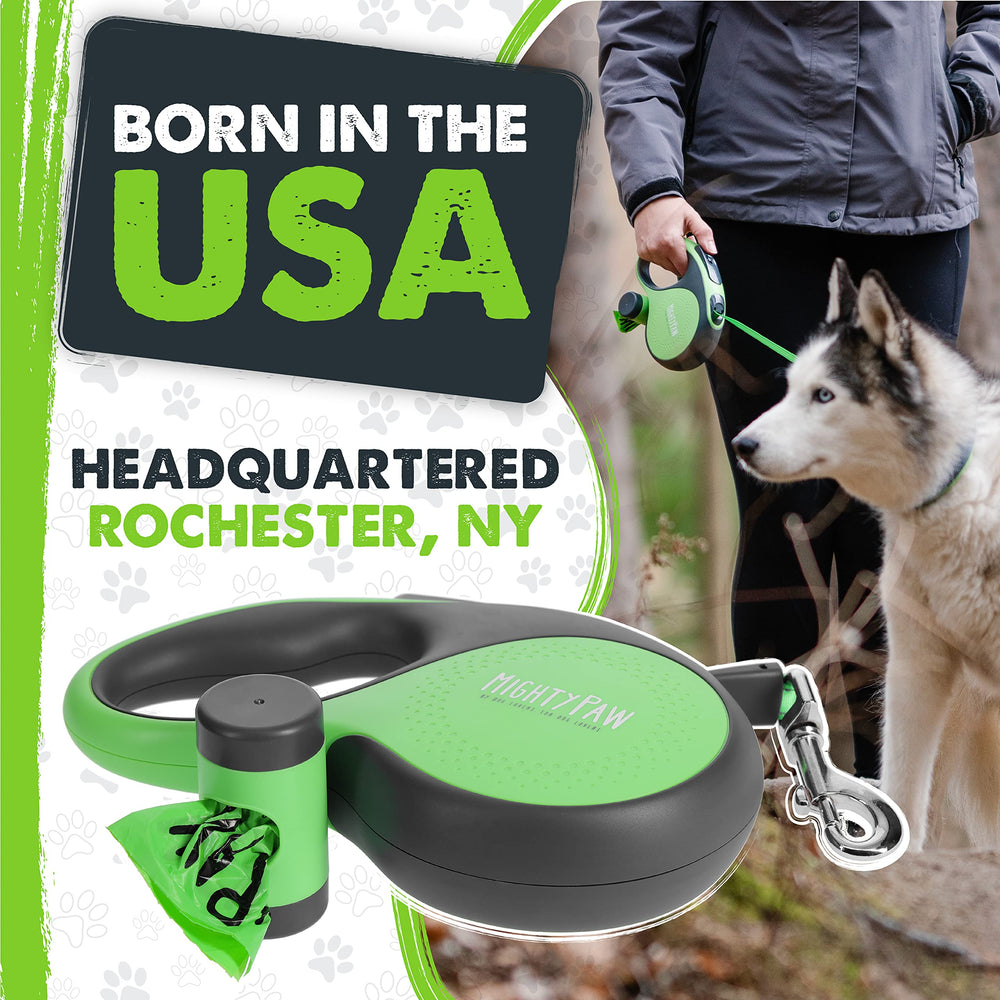 Mighty Paw retractable leash with poop bag holder bundle for quick cleanup.