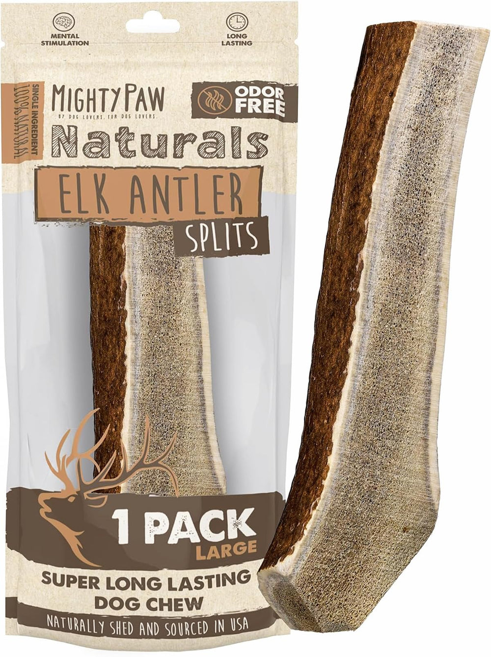 Mighty Paw split elk antler dog chew pack shows a long-lasting natural chew for dogs.