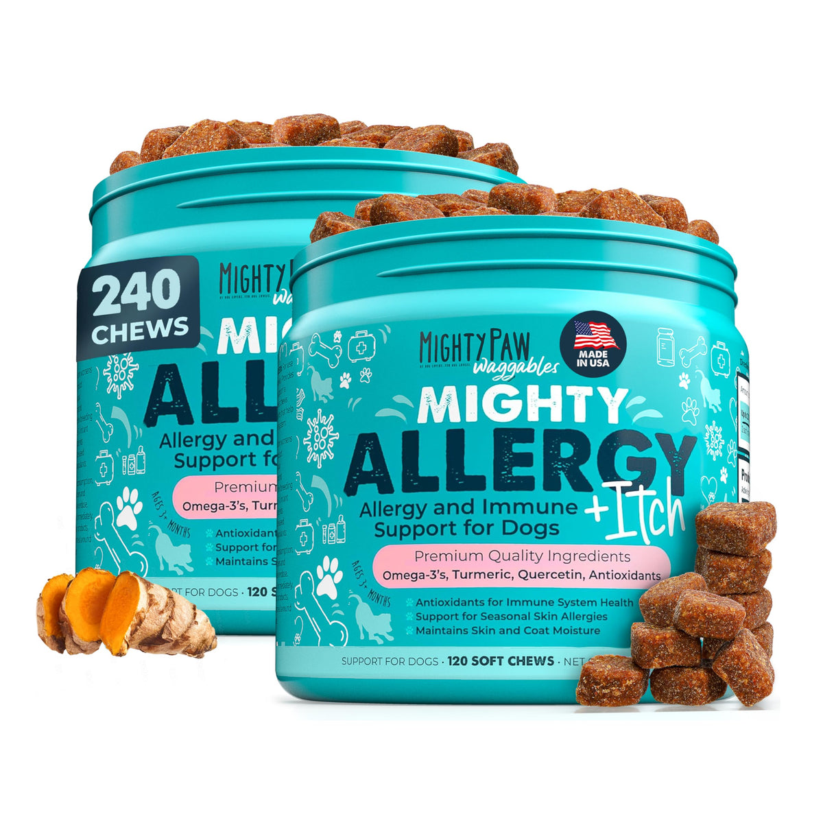 Mighty Paw Waggables allergy-immune-bottle shows USA-made dog supplement for skin and coat support.