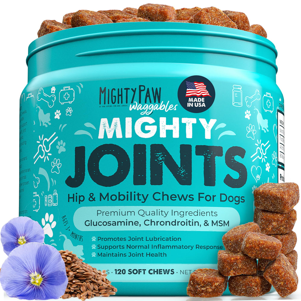 Mighty Paw Waggables bacon flavored joint supplement bottle promoting daily mobility for dogs