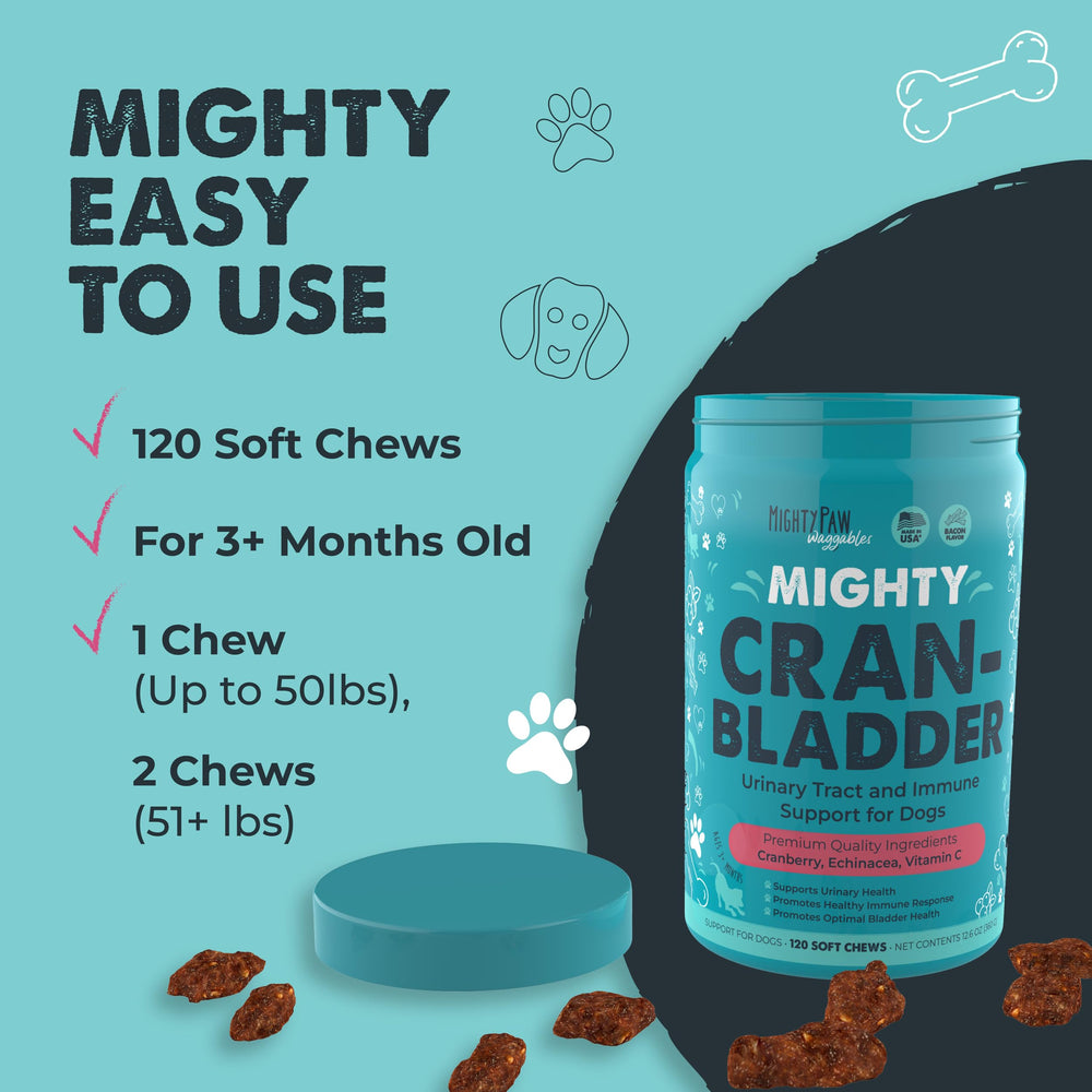Mighty Paw Waggables Cran-Bladder bacon-flavored chew appeals to picky dogs.