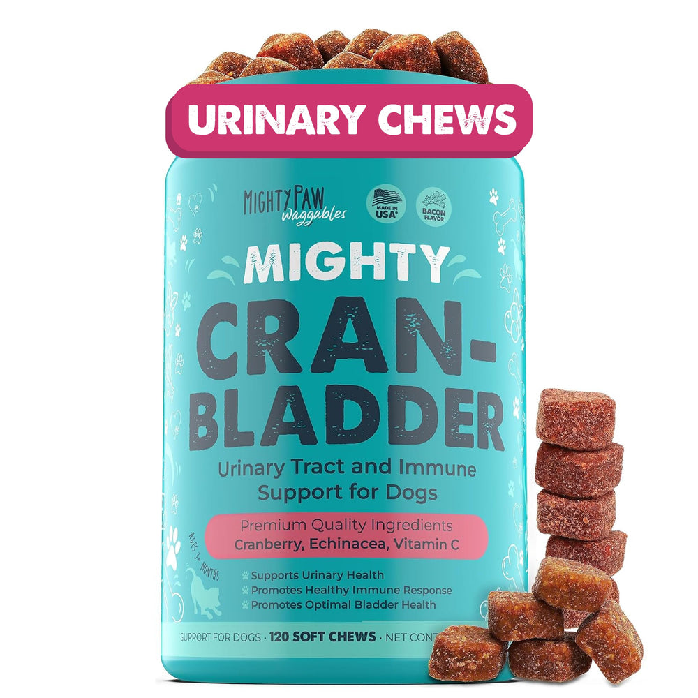 Mighty Paw Waggables Cran-Bladder bottle closeup shows premium urinary health support.