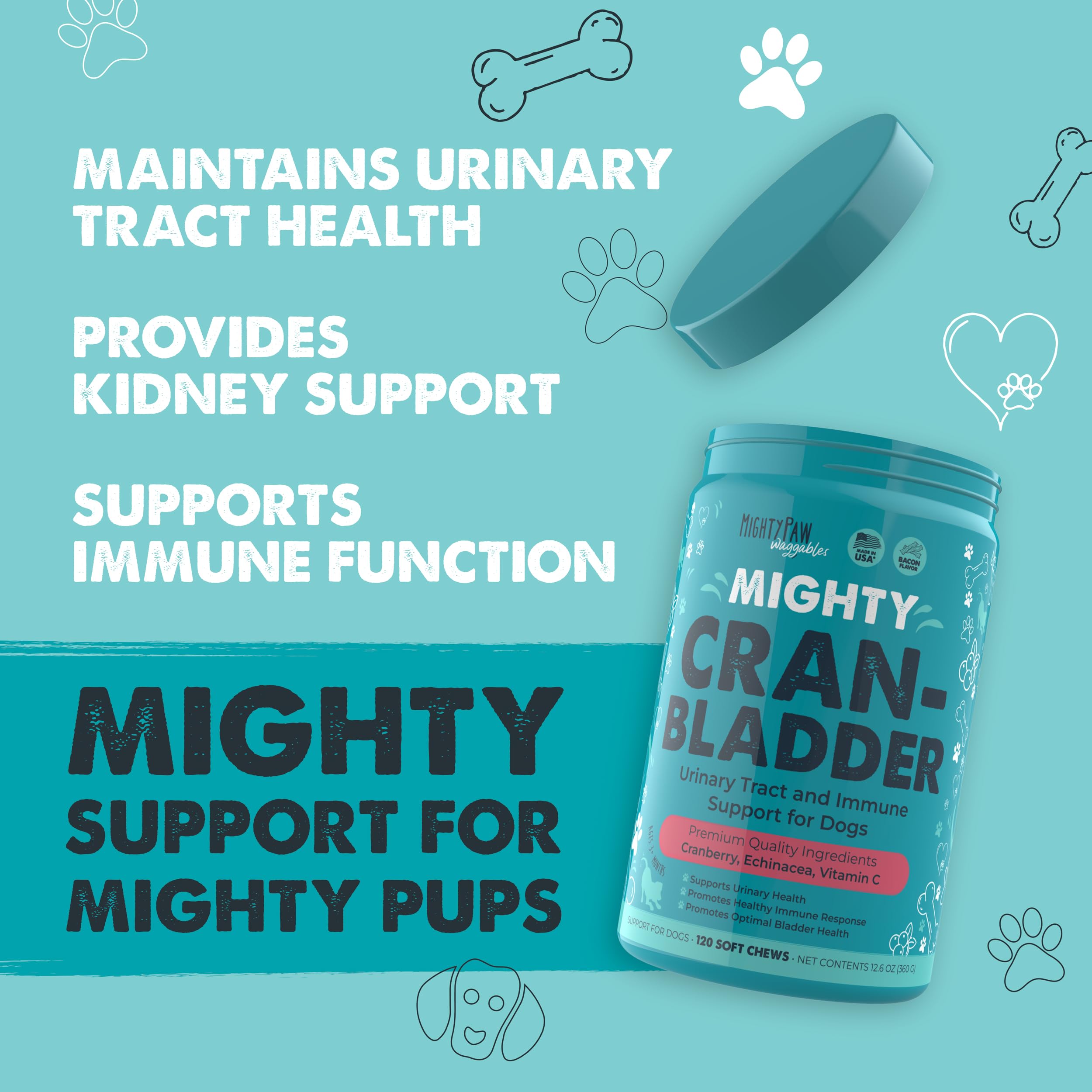 Mighty Paw Waggables Cran-Bladder chews bag highlights bacon flavor for easy daily dosing.