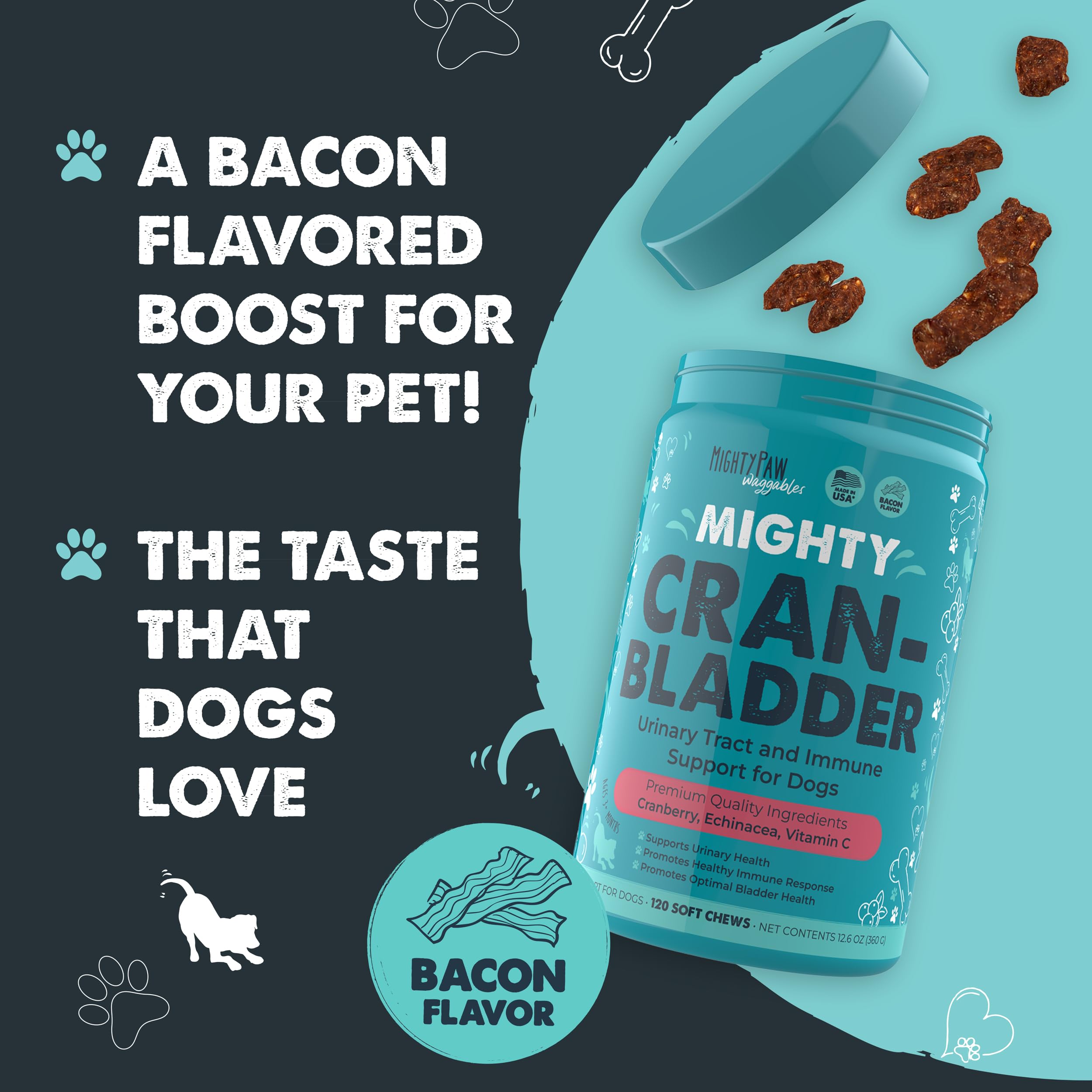 Mighty Paw Waggables Cranberry dog supplement with Vitamin C and Echinacea supports daily wellness.
