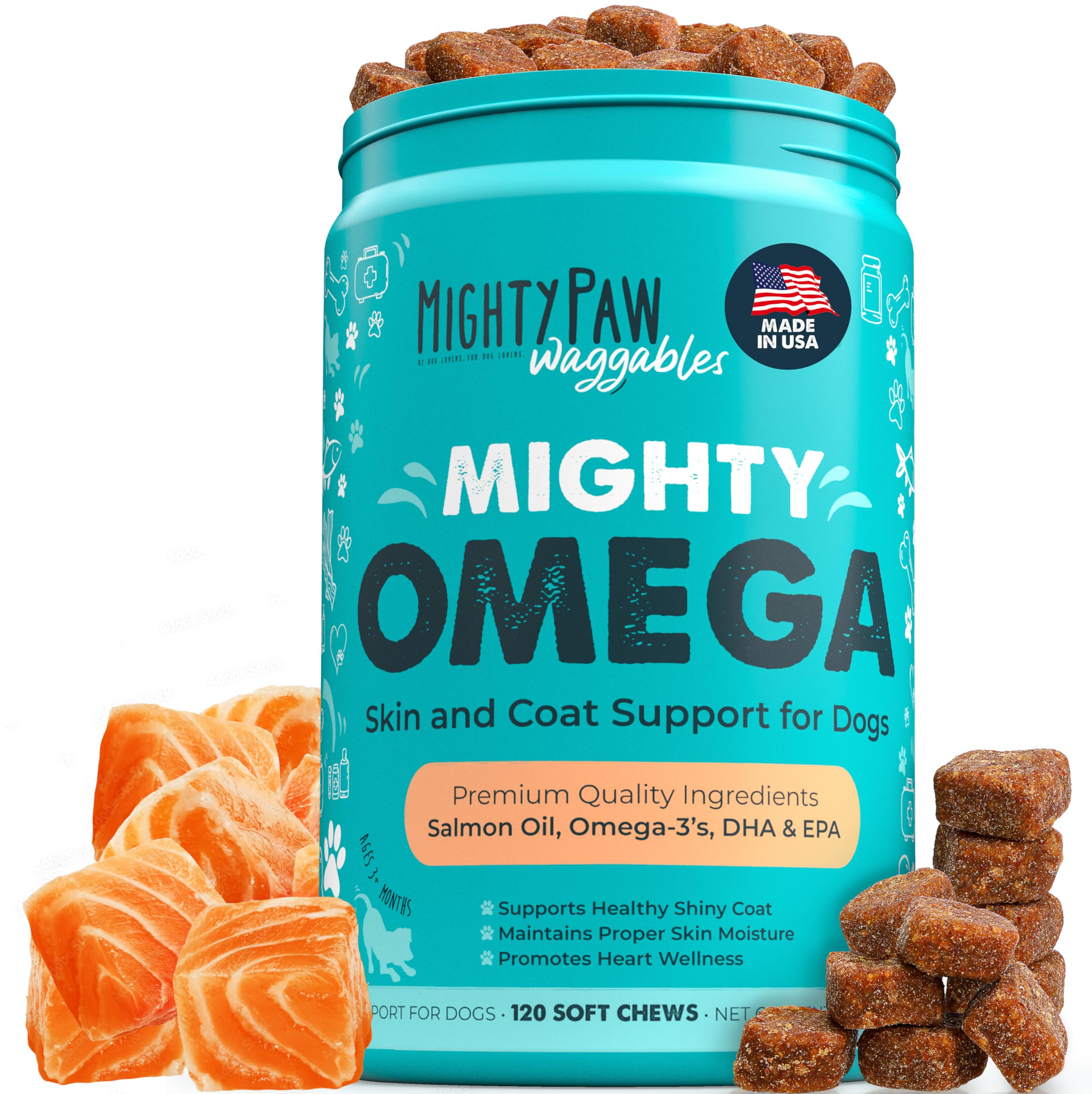 Mighty Paw Mighty Omega bottle shows USA-made soft chews supporting healthy skin and coat.