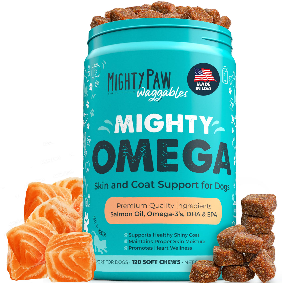 Mighty Paw Mighty Omega bottle shows USA-made soft chews supporting healthy skin and coat.
