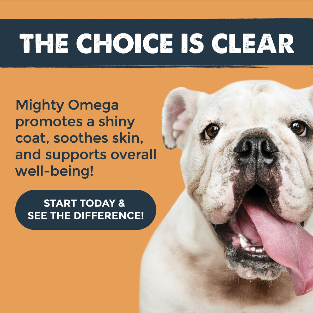 Mighty Paw Mighty Omega salmon oil ingredient panel emphasizes DHA and EPA benefits.