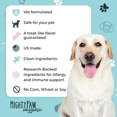 Mighty Paw Waggables omega3-quercetin-ingredients highlights omega-3 and quercetin for pet immune support.