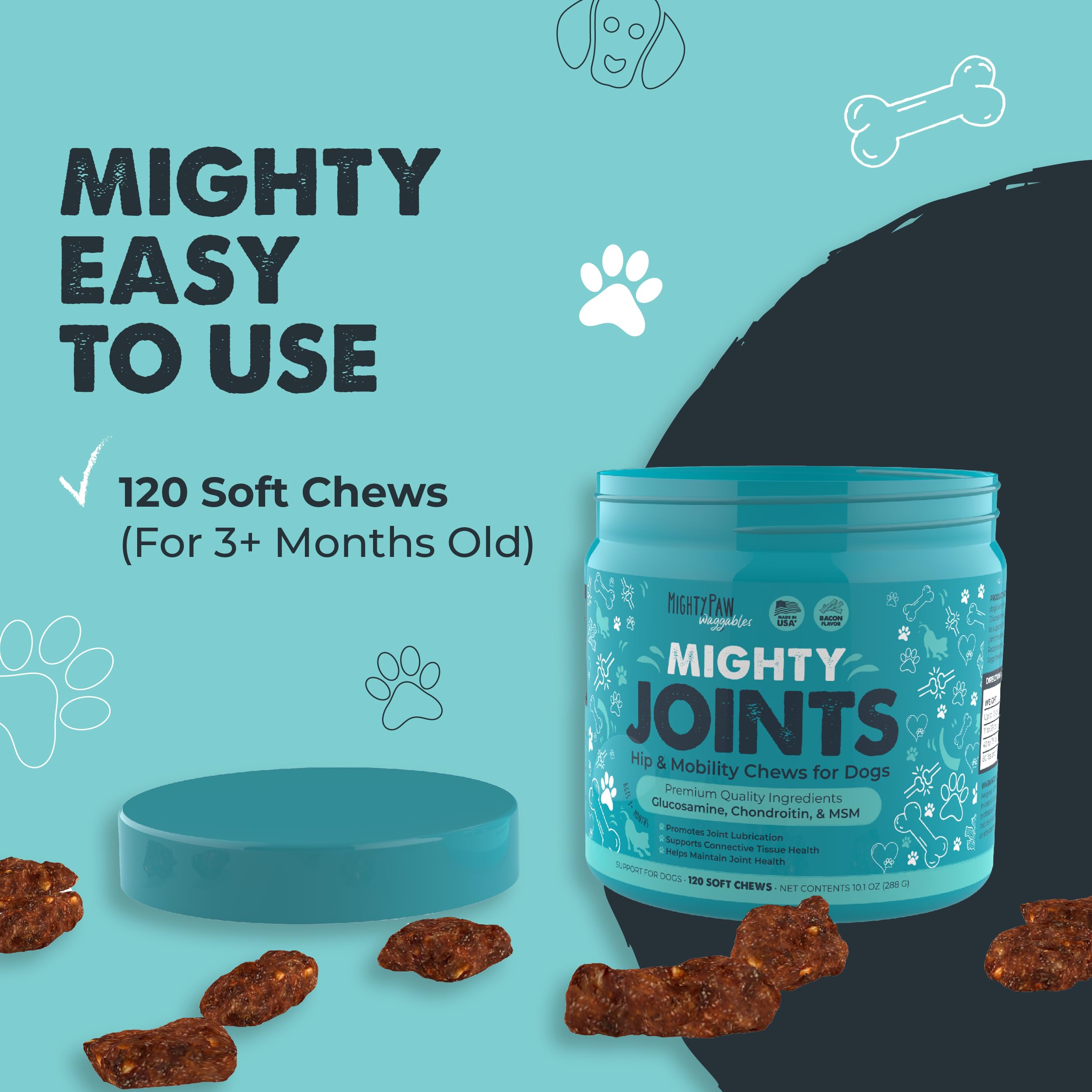Mighty Paw Waggables bottle and scoop with serving guidance