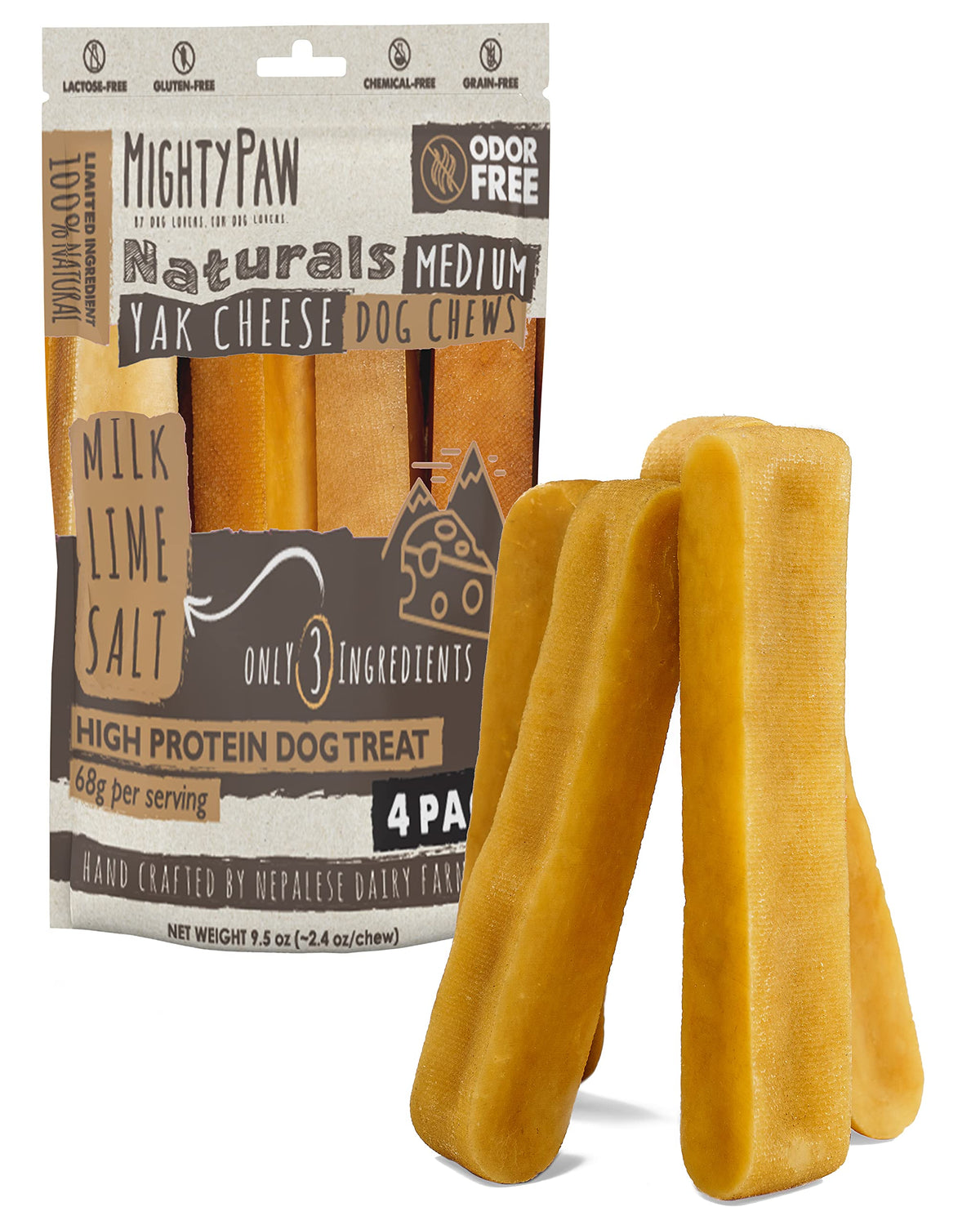 Mighty Paw Yak Cheese Chews pack shot showing all-natural, limited-ingredient treats for gentle digestion.