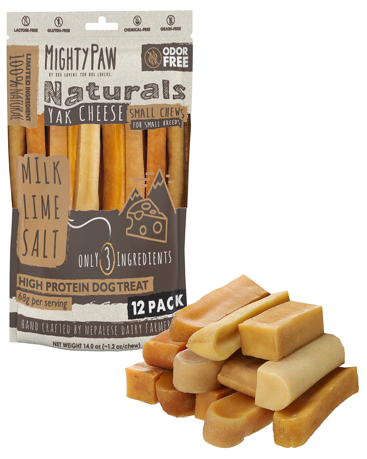 Mighty Paw Yak Cheese Chews packaging—natural, odorless dog snack option.
