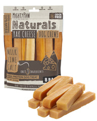Mighty Paw Yak Cheese Chews packaging highlights limited ingredients for sensitive dogs.