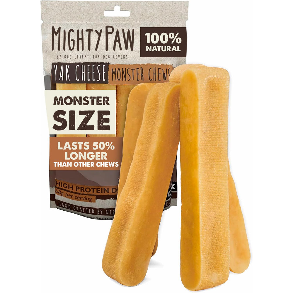 Mighty Paw Yak Cheese Dog Chews package shows all-natural, limited-ingredient treats for sensitive dogs.