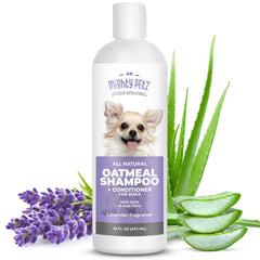 Mighty Petz 2-in-1 oatmeal dog shampoo bottle shows gentle cleansing for sensitive skin.