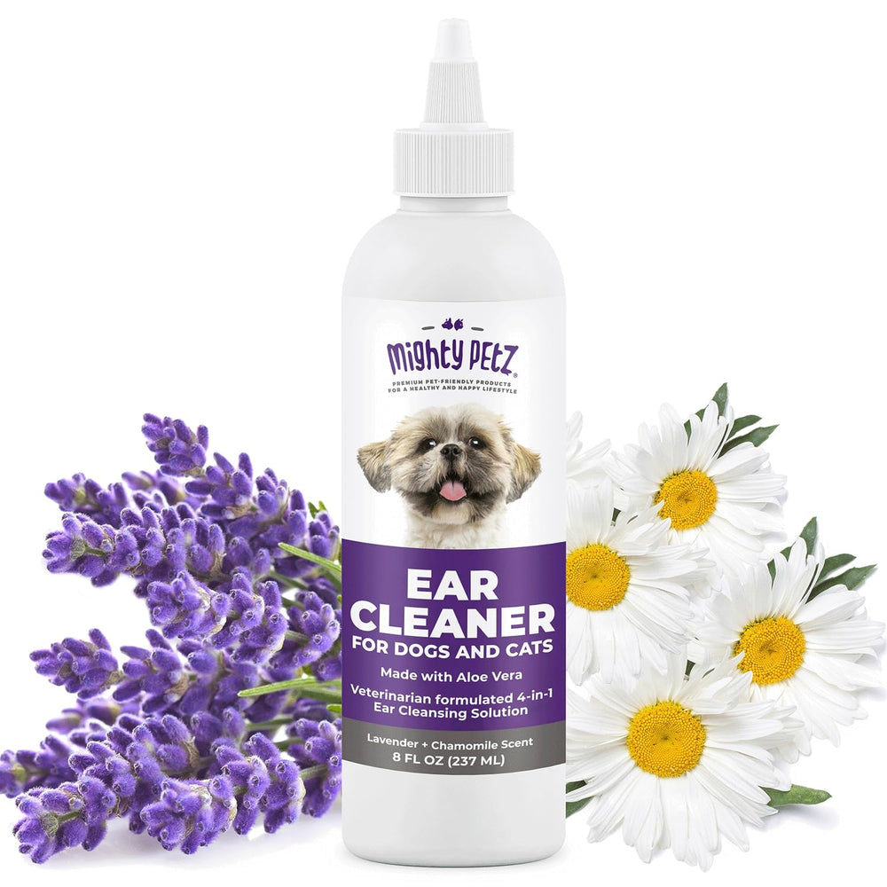 Mighty Petz ear cleaner bottle pouring for gentle ear care and odor control