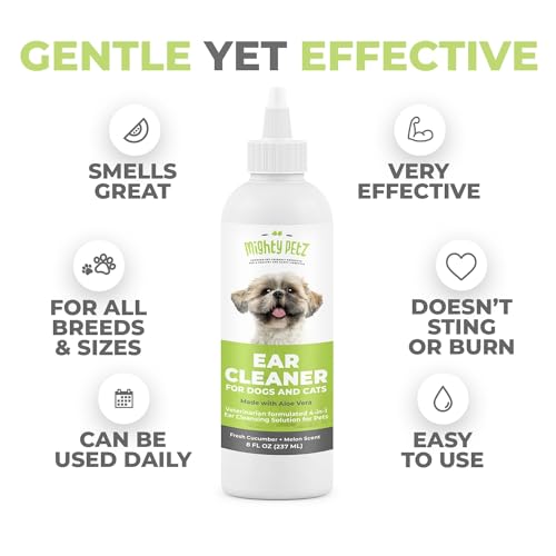 Mighty Petz ear cleaner bottle label highlights USA-made quality