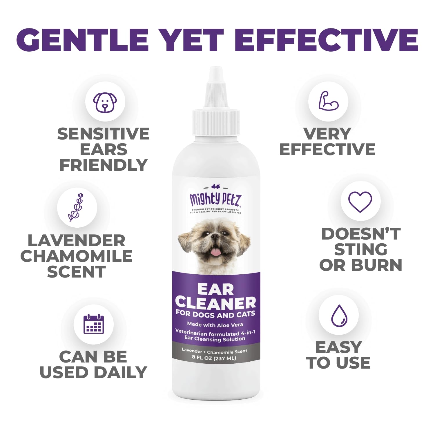 Mighty Petz ear cleaner with lavender chamomile scent for soothing cleaning