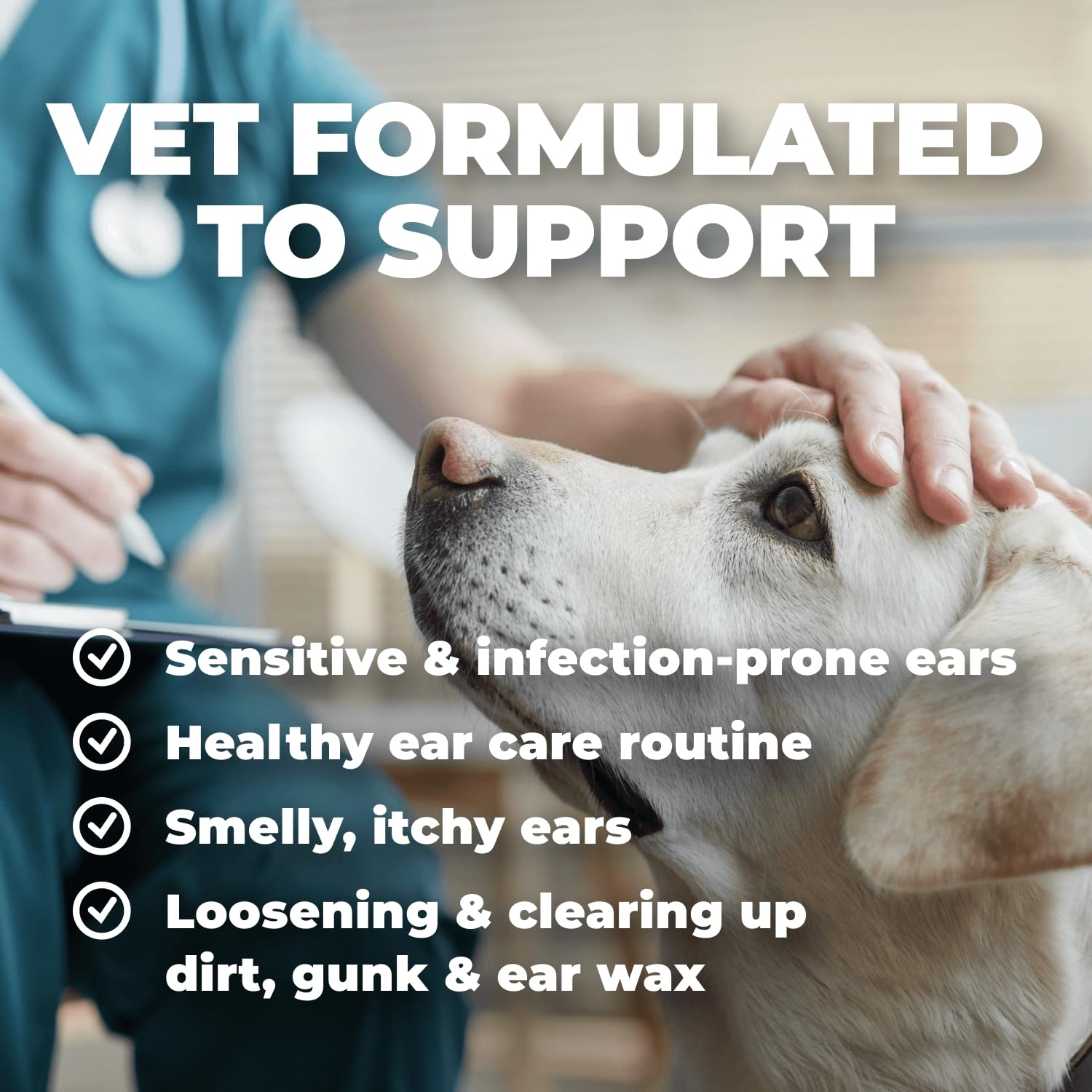 Mighty Petz ear wash bottle highlights pH balanced gentle formula for infection prone ears
