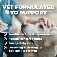 Mighty Petz ear wash bottle highlights pH balanced gentle formula for infection prone ears