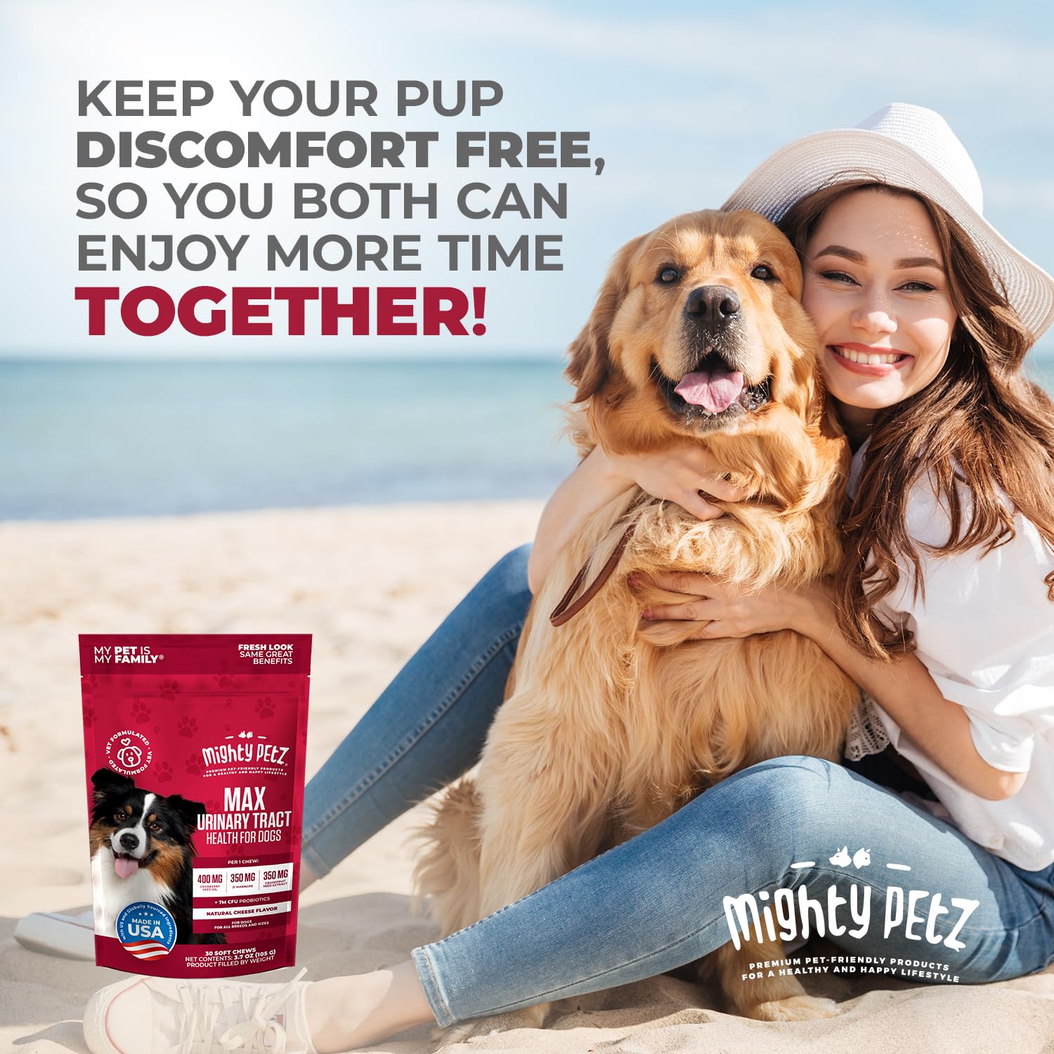 Packaging highlights urinary health support with Mighty Petz Cranberry formula.