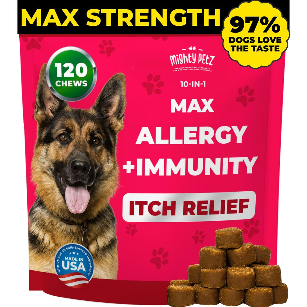 Mighty Petz MAX dog allergy relief chews close-up showing bacon flavor aiding picky eaters.