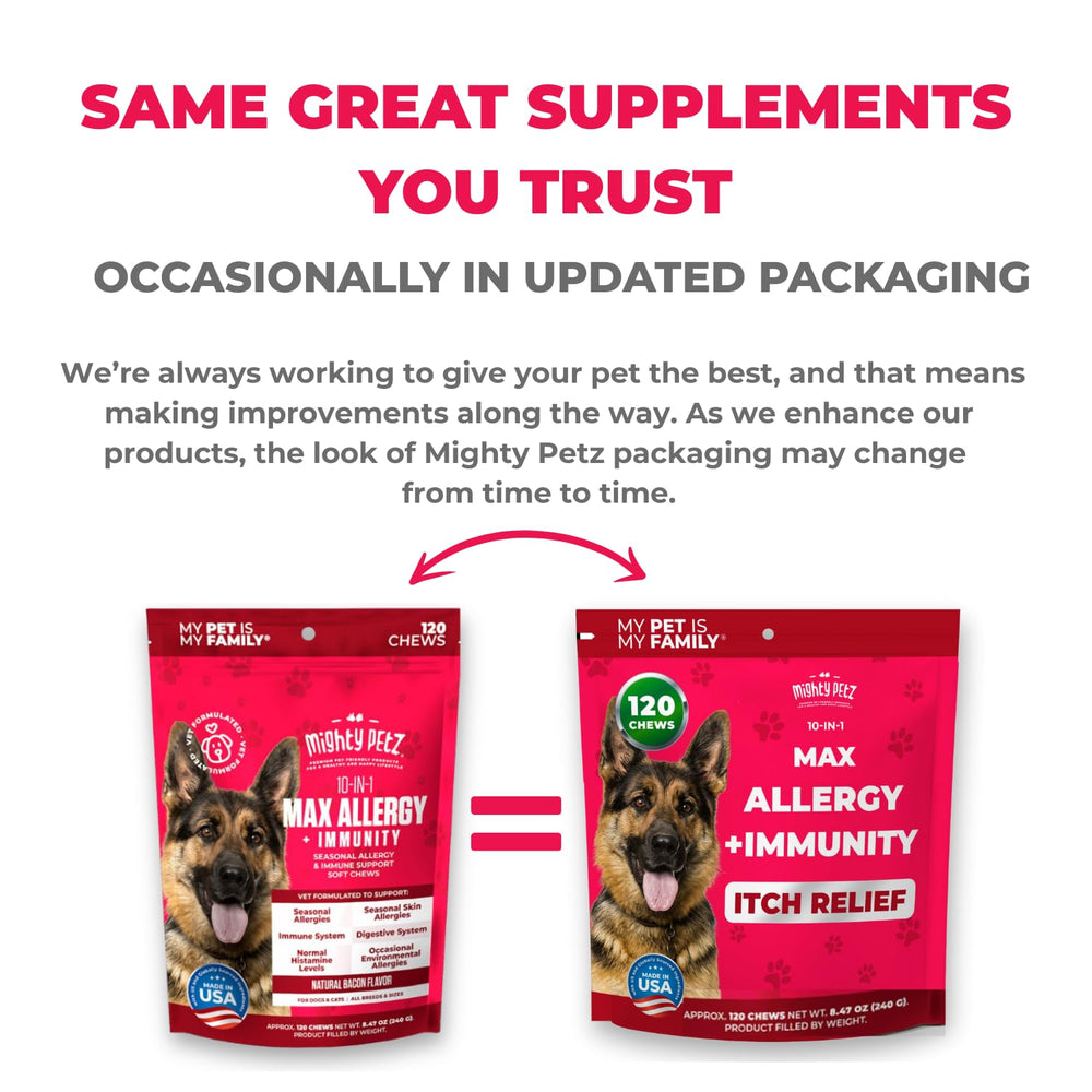 Mighty Petz MAX large-breed chew shown with size-appropriate dosing label.