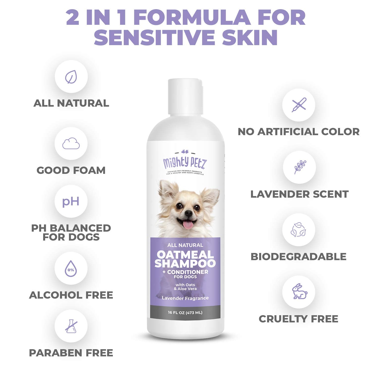 Mighty Petz oatmeal dog shampoo lather highlights natural ingredients and gentle cleansing.