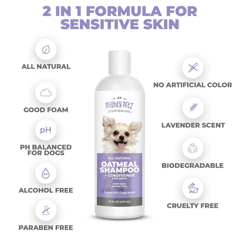 Mighty Petz oatmeal dog shampoo lather highlights natural ingredients and gentle cleansing.