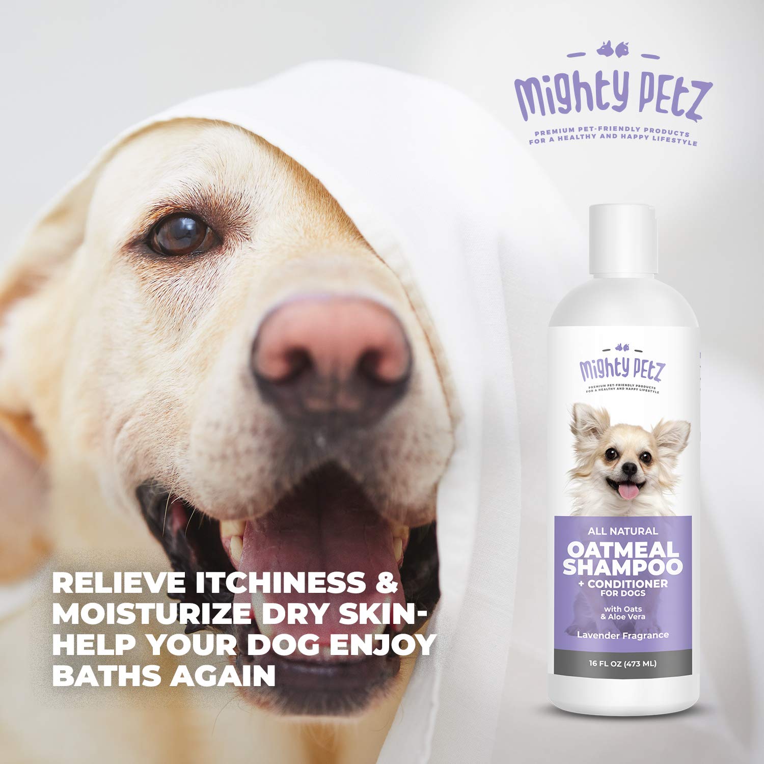 Mighty Petz USA-made dog care bottle label emphasizing quality and ethical production.