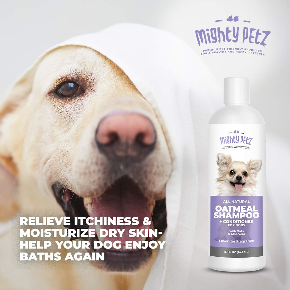Mighty Petz USA-made dog care bottle label emphasizing quality and ethical production.