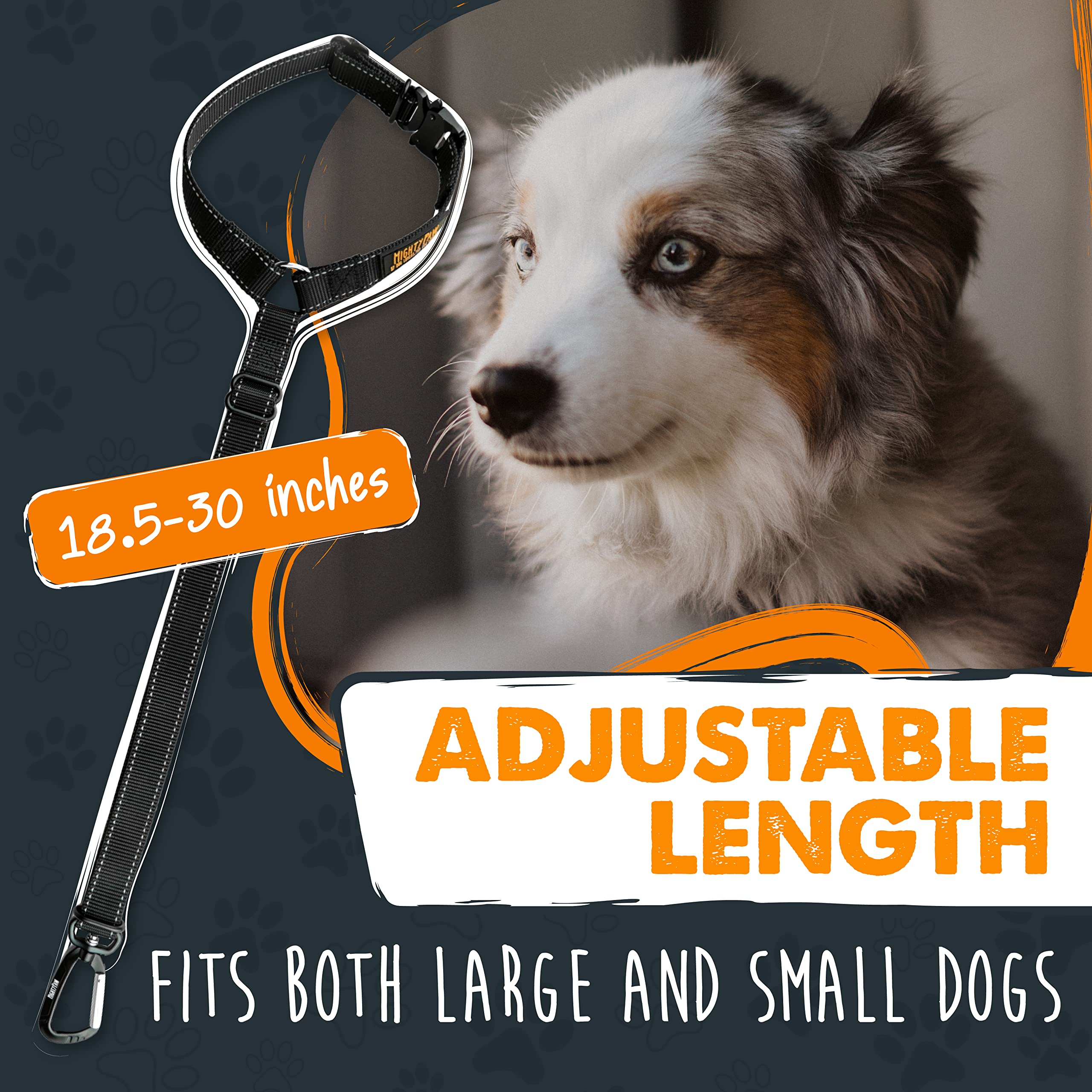 Mighty Paw aviation-grade aluminum carabiner provides strong, reliable restraint with a smooth swivel.