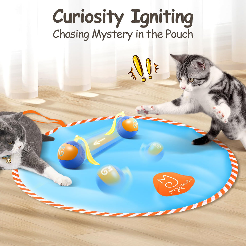 Migipaws blue striped circular bag frames the glowing ball and invites pouncing