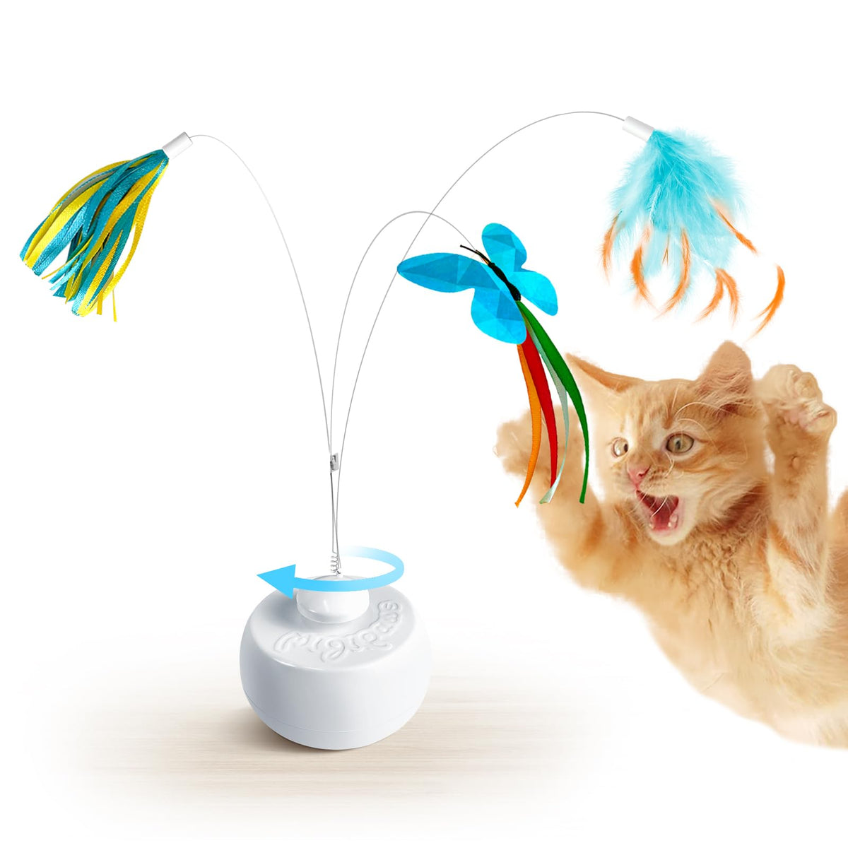 Migipaws butterfly toy in mid-flutter offers engaging indoor hunting play.