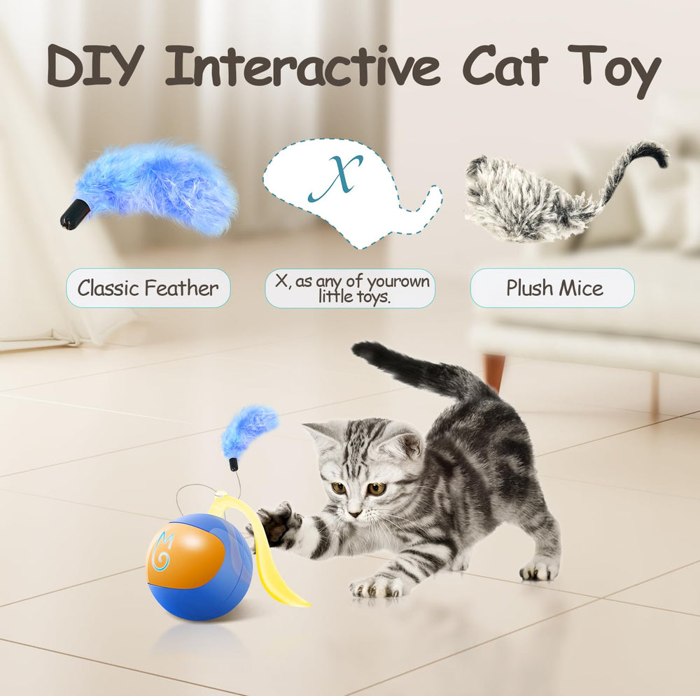 Migipaws cat ball in motion on carpet demonstrates chasing and agility training.