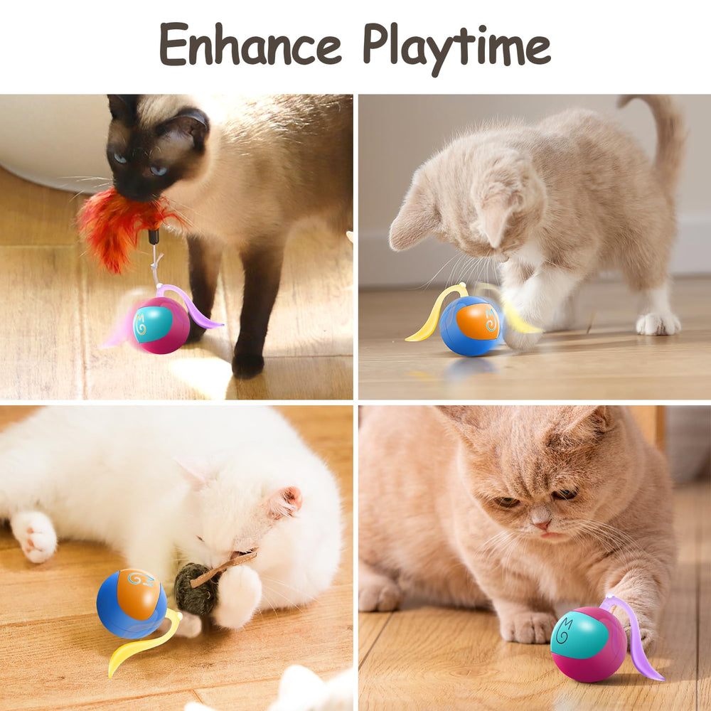 Migipaws cat ball with small mice attachment promotes hunting-inspired play.