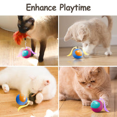 Migipaws cat ball with small mice attachment promotes hunting-inspired play.