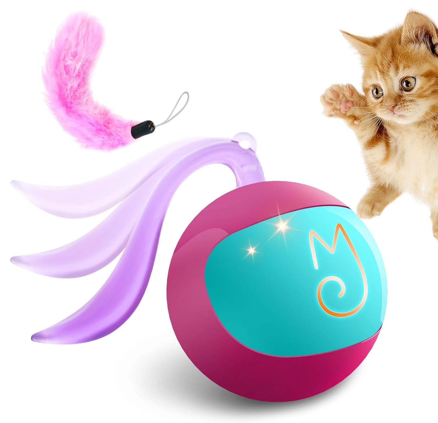 Migipaws interactive cat ball toy set in Rose shows rolling action to promote active play.