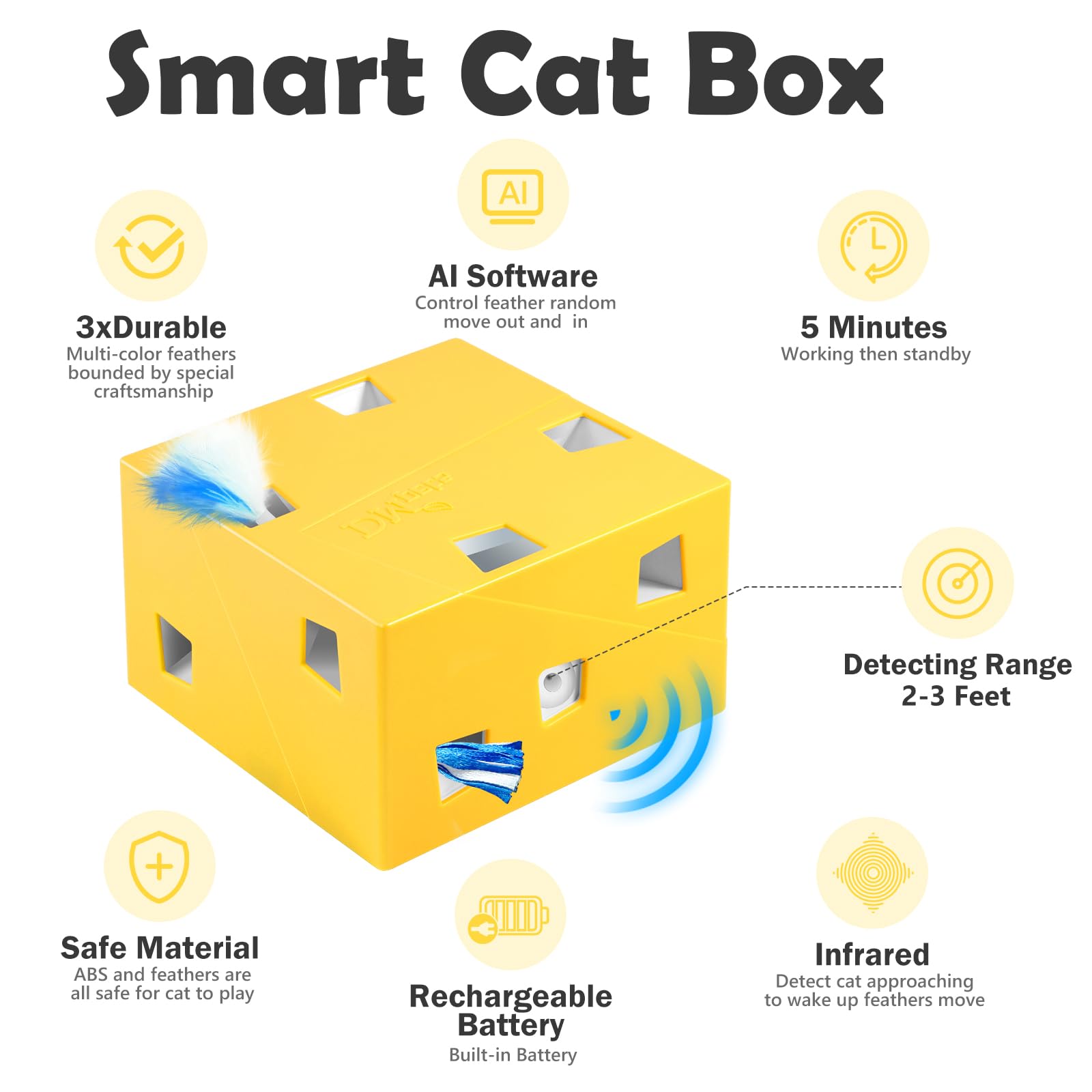 Migipaws MigiBox feathers reveal popping action that triggers hunting drive.