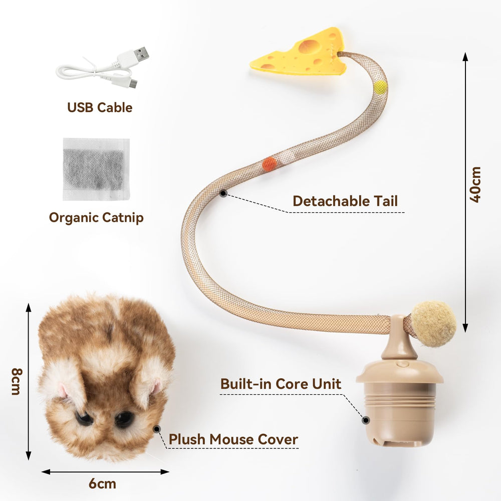 Migipaws Migimouse brown long view showcases plush construction for real-world use.