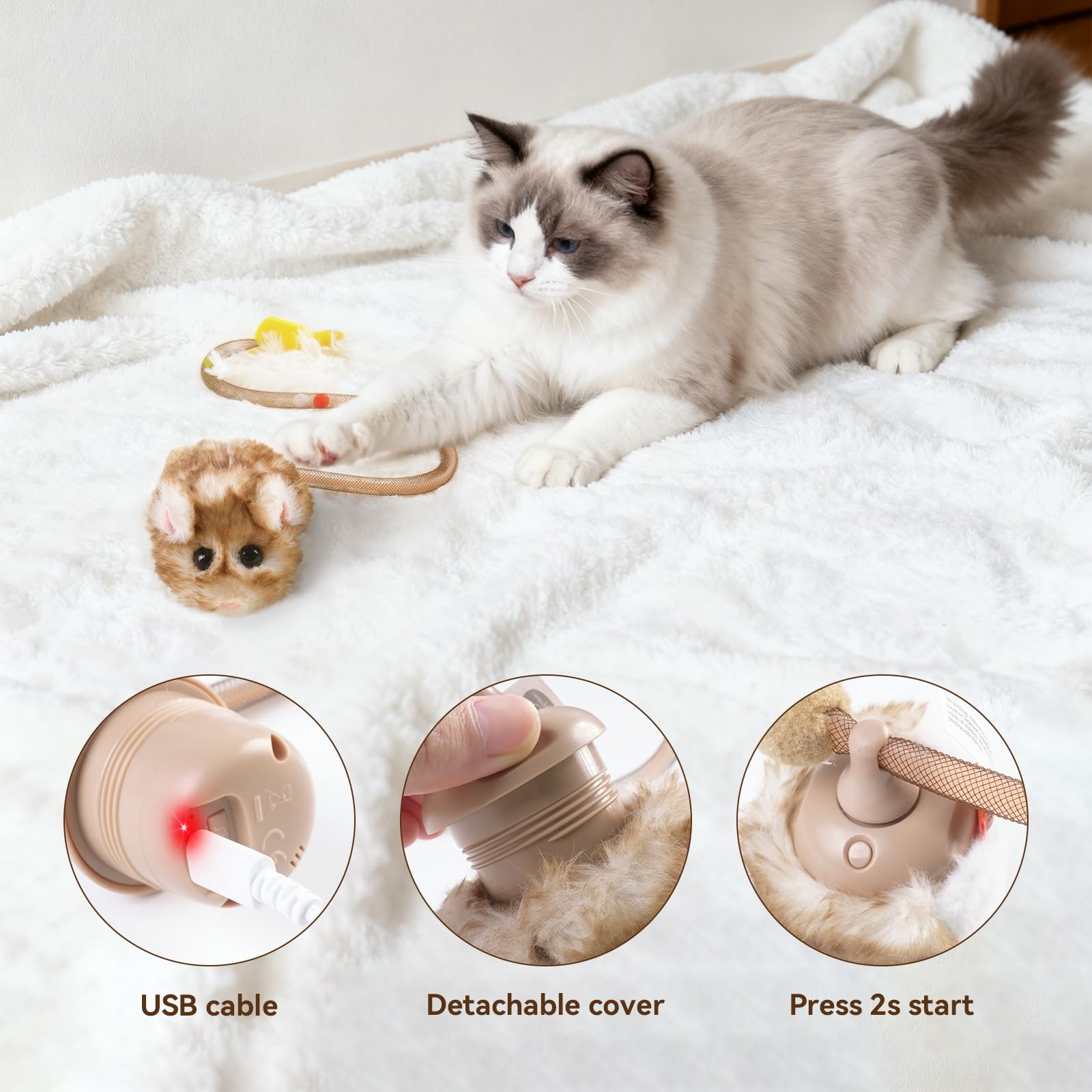 Migipaws Migimouse rechargeable battery design supports extended play sessions.