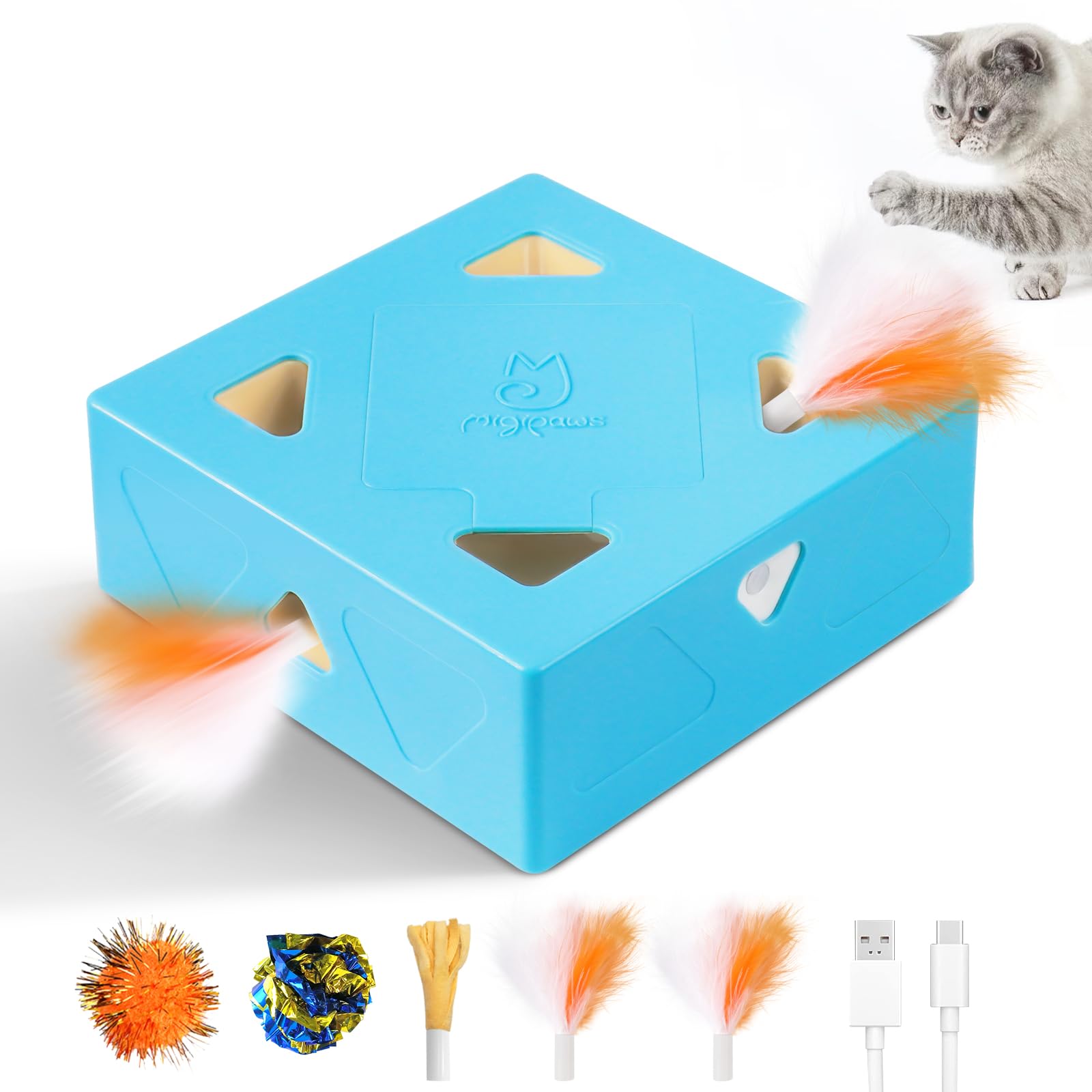 Migipaws MigiBox feather pops engage cats in interactive play from the top
