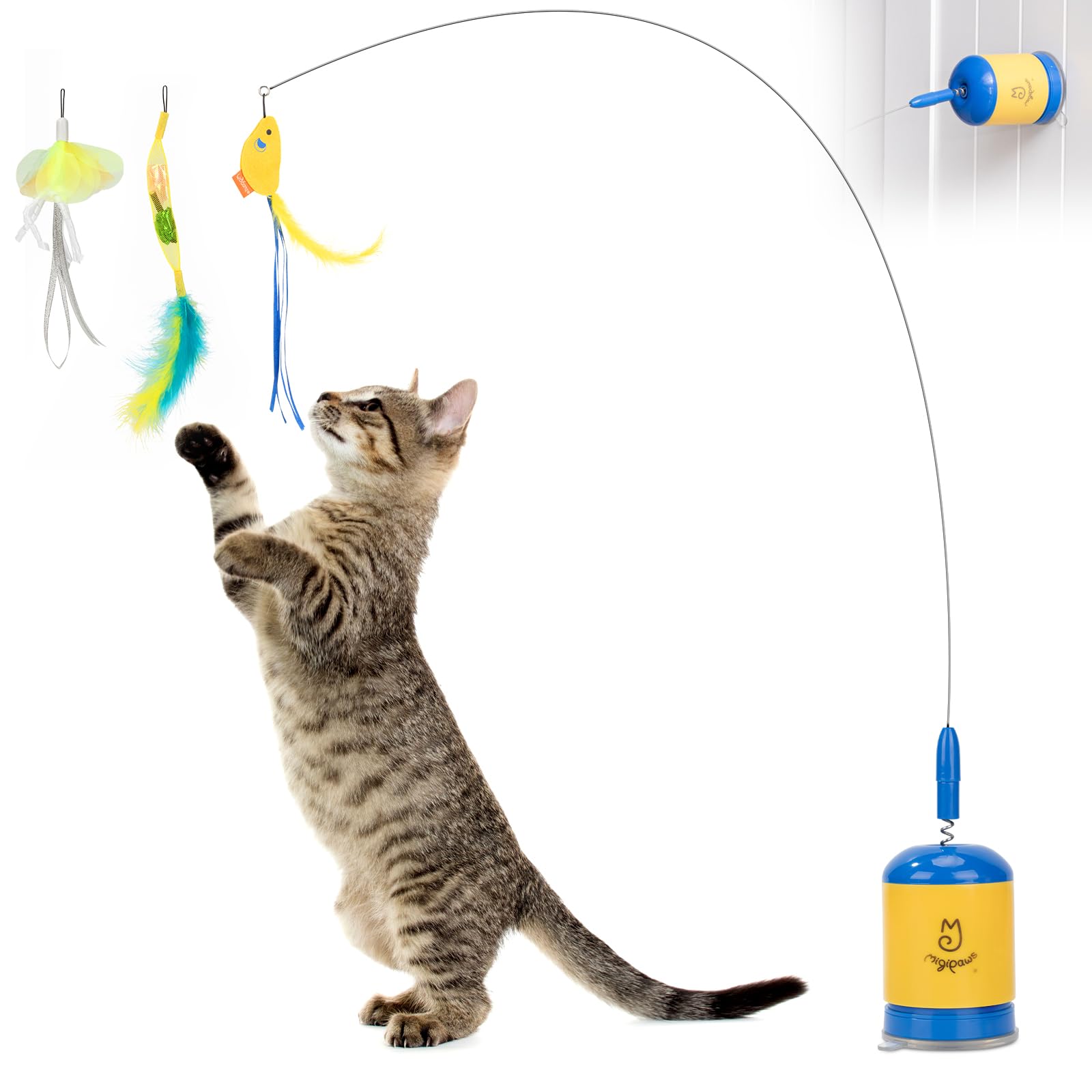 Migipaws teaser wand blue assembly view for interactive indoor play