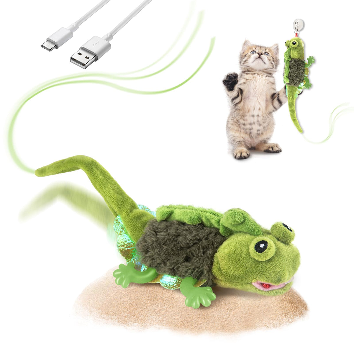 Migipaws touch activated lizard toy green encourages interactive play and indoor exercise.